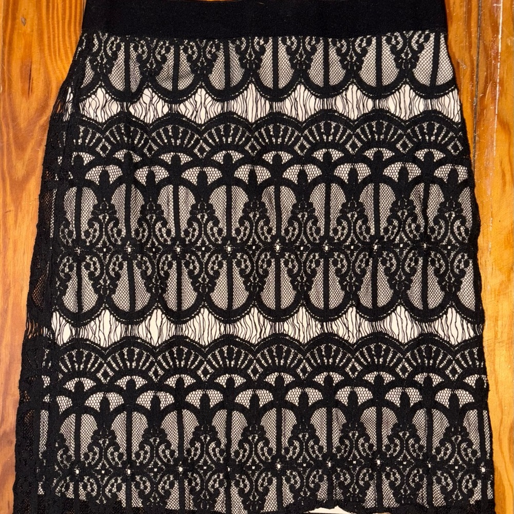 Black Lace Pencil Skirt Womens Large Beige Lined Elegant‎ Midi Career